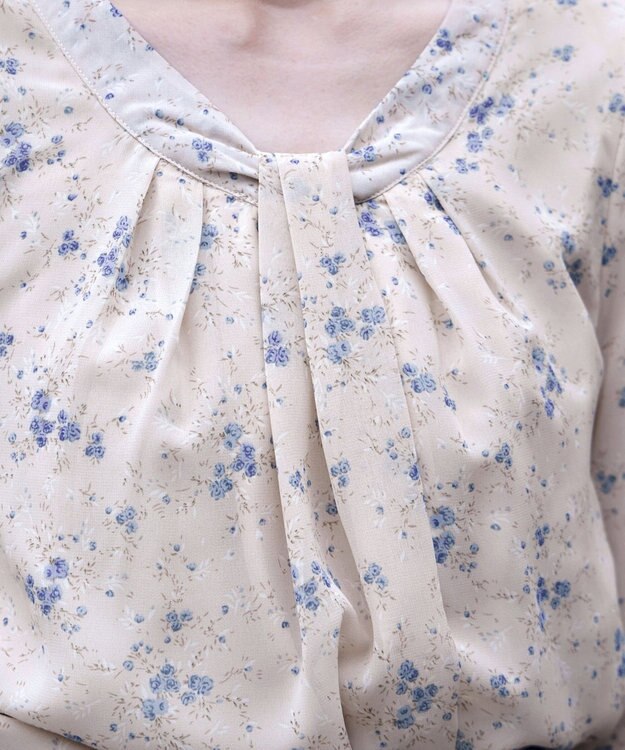 Tiaclasse 【スマート裏起毛】 ボウタイ風ブラウス ベージュフラワー