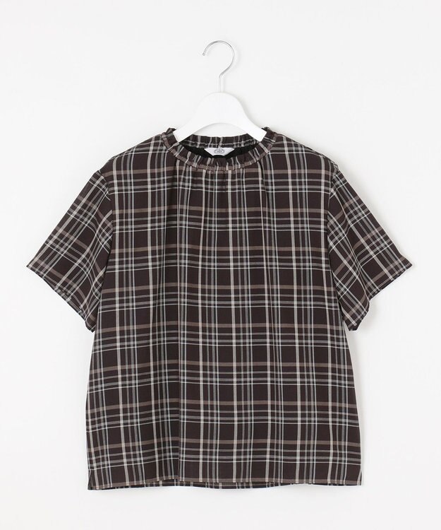 J.PRESS LADIES L 【洗える】シアーストライプ＆チェック ブラウスライク カットソー ダークブラウンチェック系