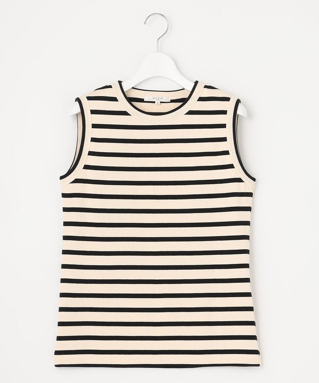 23区 S 【SLOW/洗える】ミドルフライスジャージー ノースリーブ カットソー オフ×ブラックボーダー