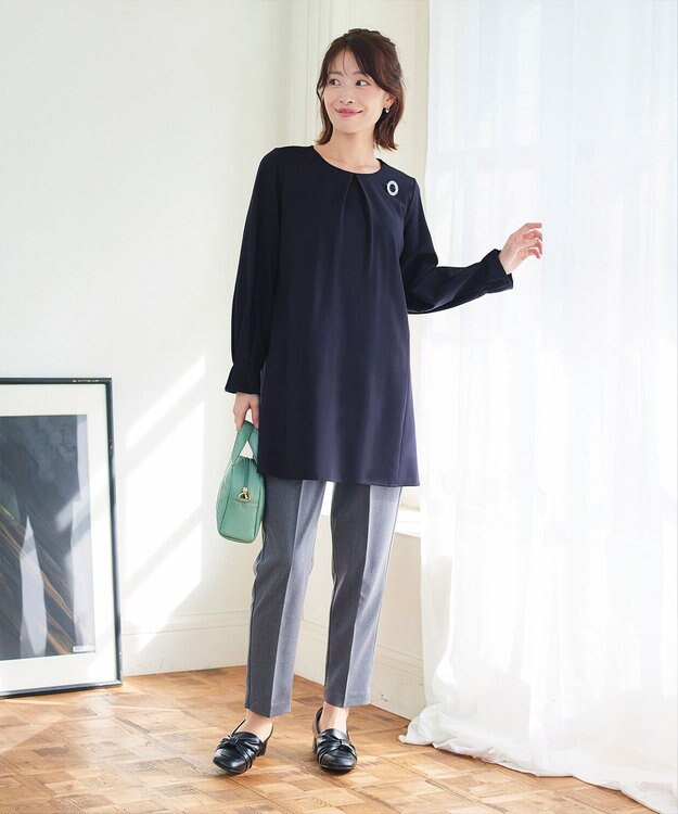 Tiaclasse L 【洗える】タックスリーブポンチチュニック ネイビー