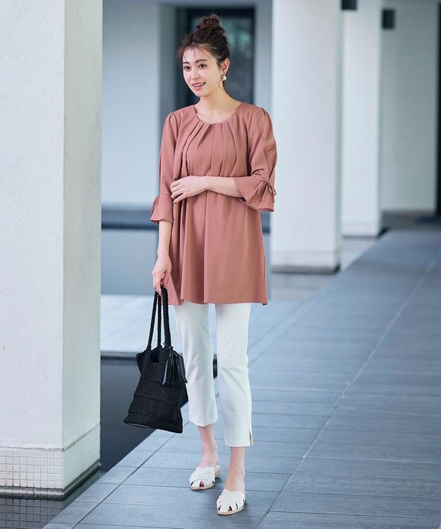 Tiaclasse L 【洗える】リボン付きタックスリーブチュニックブラウス ピンク