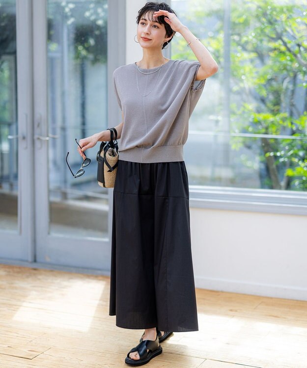23区 【接触冷感/撥水加工】ストレッチブロード ギャザースカート ブラック系