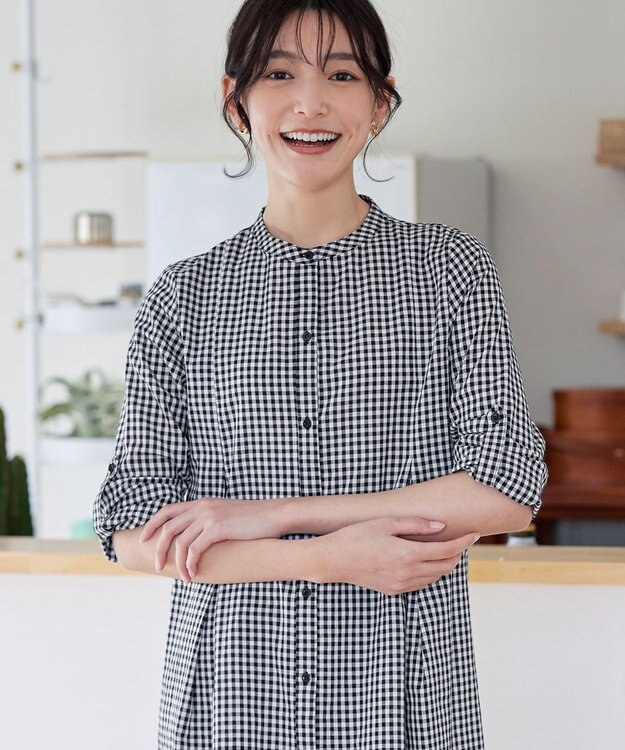 Tiaclasse 【新色追加・洗える】バンドカラーシャツチュニックブラウス ブラックチェック
