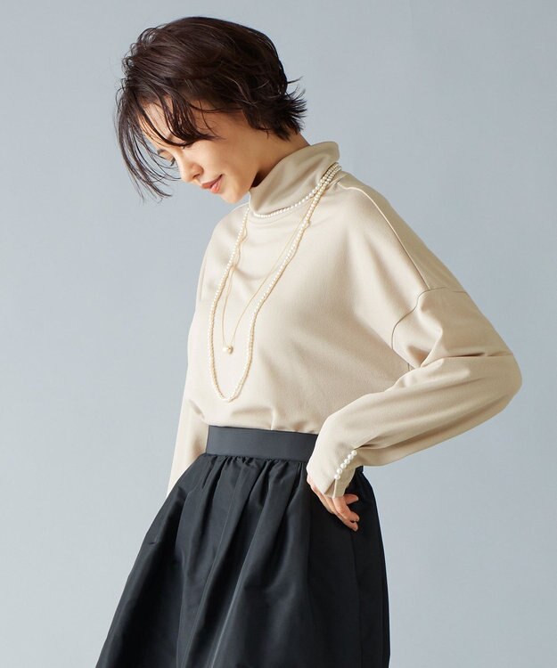 自由区 S 【洗える】ビンテージパールタートルネック カットソー ベージュ系