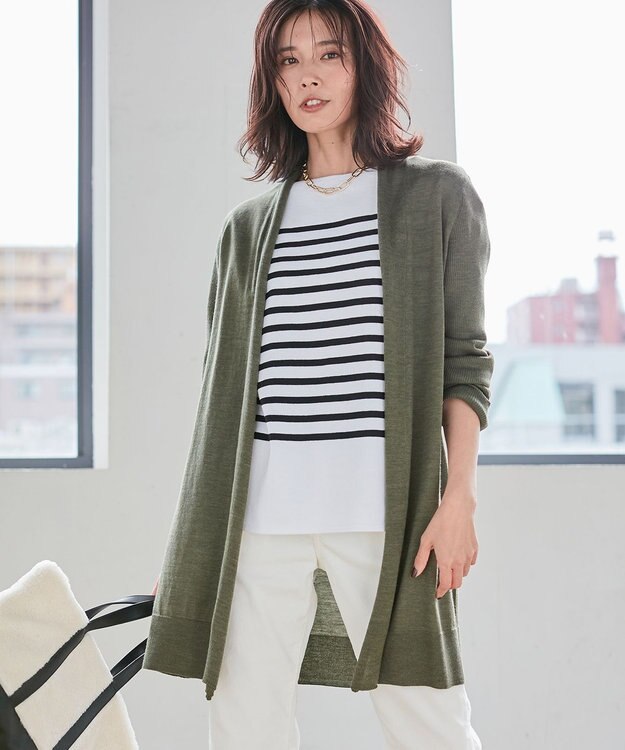 23区 サステナブルウール ショールカラー カーディガン カーキ