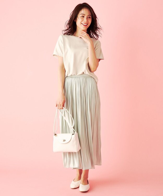 ANY L 【洗える】シャイニーサテン スカート ライトグリーン系