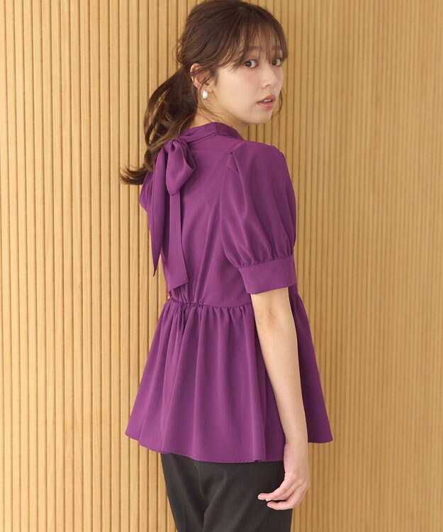 Feroux 【洗える】ペプラム ボウタイブラウス パープル系