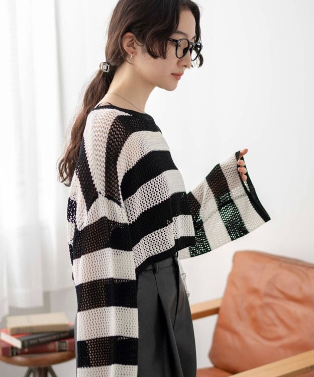 WEGO ショートメッシュニットプルオーバー ブラックボーダー