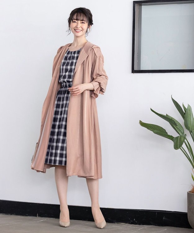 Tiaclasse 【洗える】女性らしさ引き立つリボン袖ギャザーワンピース ネイビーチェック