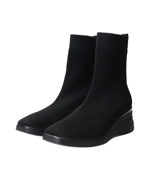 INTER-CHAUSSURES 【BUSSOLA】スクエアトゥウェッジヒールニットブーツ ブラック雑材