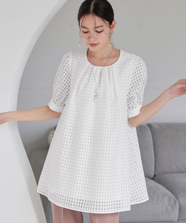 Tiaclasse 【洗える】シアーチェックパフスリーブチュニックブラウス オフホワイト