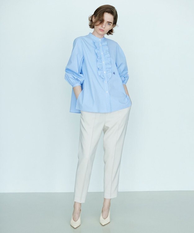 組曲 コンパクトシャーティング フリルブラウス スカイブルー系1