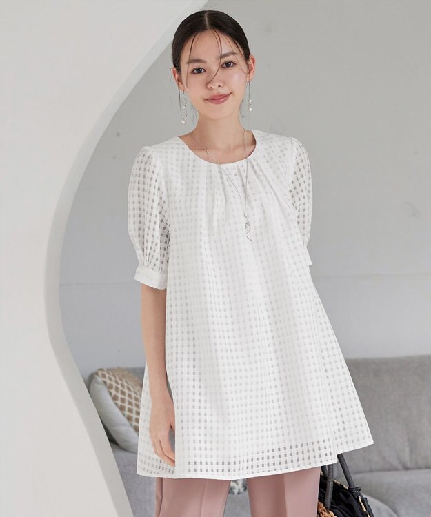 Tiaclasse 【洗える】シアーチェックパフスリーブチュニックブラウス オフホワイト