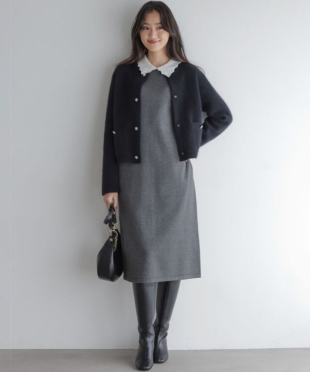 組曲 L レースライク襟付きニットワンピース グレー系