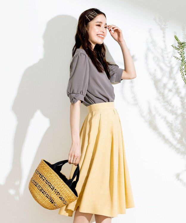 Tiaclasse 【洗える】体型カバーも叶う麻調フレアタックスカート イエロー