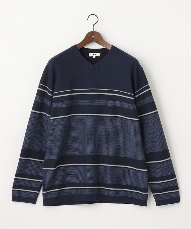 JOSEPH ABBOUD 【キングサイズ・滑らかな肌触り】パネルボーダーVネックニット ネイビー系2