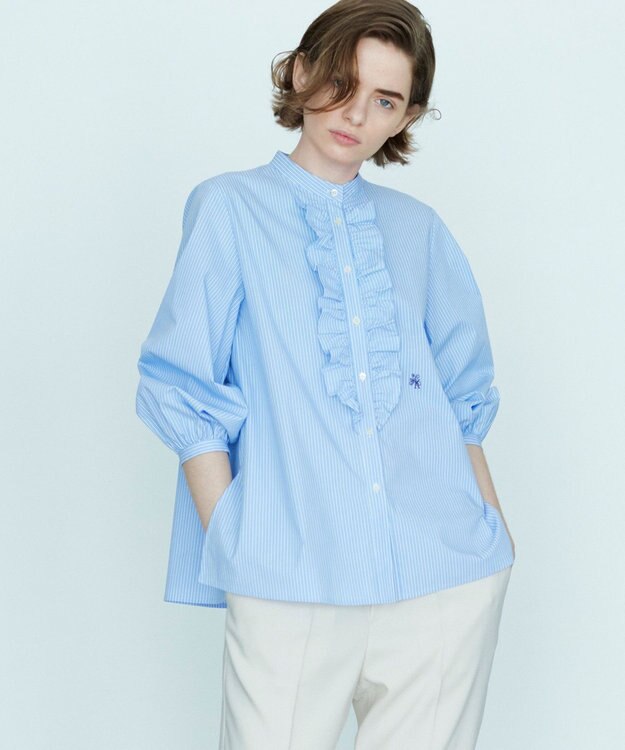 組曲 コンパクトシャーティング フリルブラウス スカイブルー系1