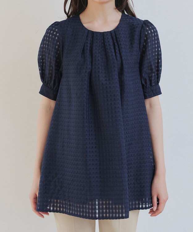 Tiaclasse 【洗える】シアーチェックパフスリーブチュニックブラウス ネイビー