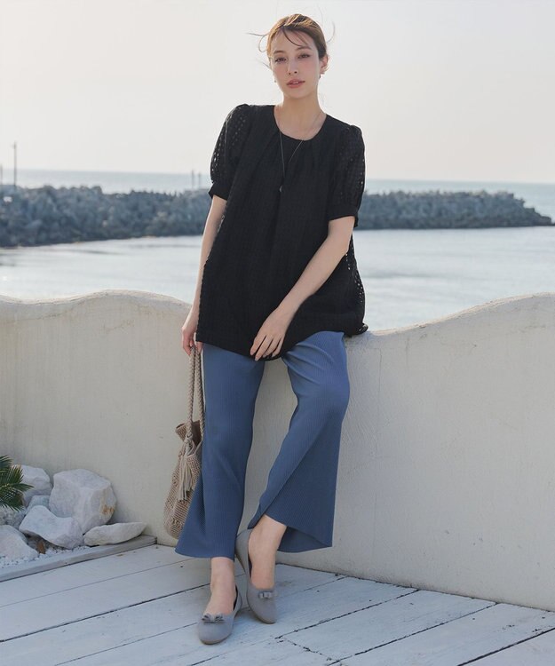 Tiaclasse 【洗える】シアーチェックパフスリーブチュニックブラウス ブラック