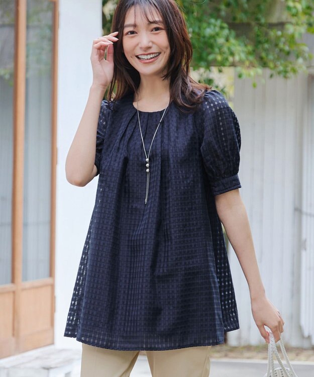 Tiaclasse 【洗える】シアーチェックパフスリーブチュニックブラウス ネイビー