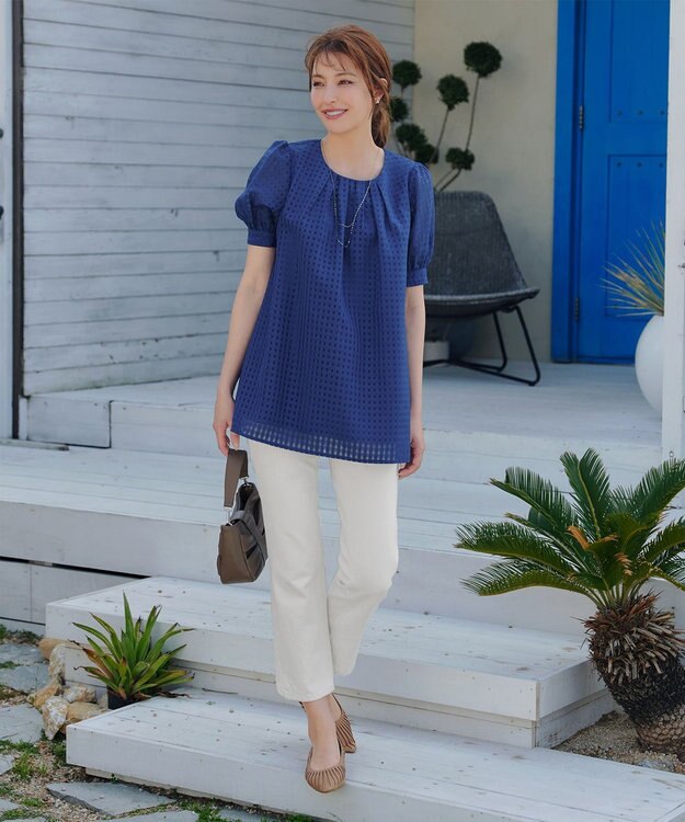 Tiaclasse 【洗える】シアーチェックパフスリーブチュニックブラウス ブルー