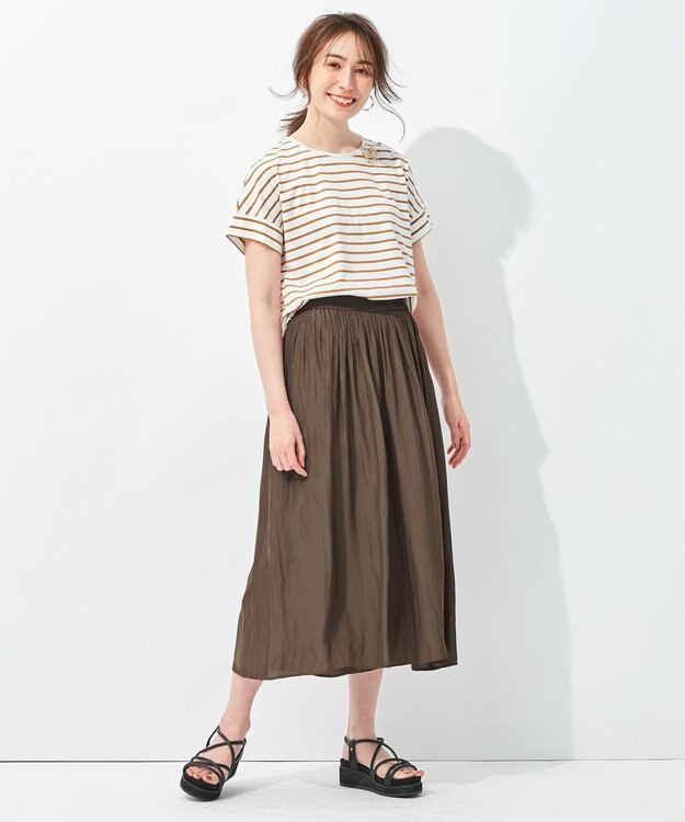 自由区 【洗える/UVケア】ボーダー タックデザインカットソー アイボリー系2