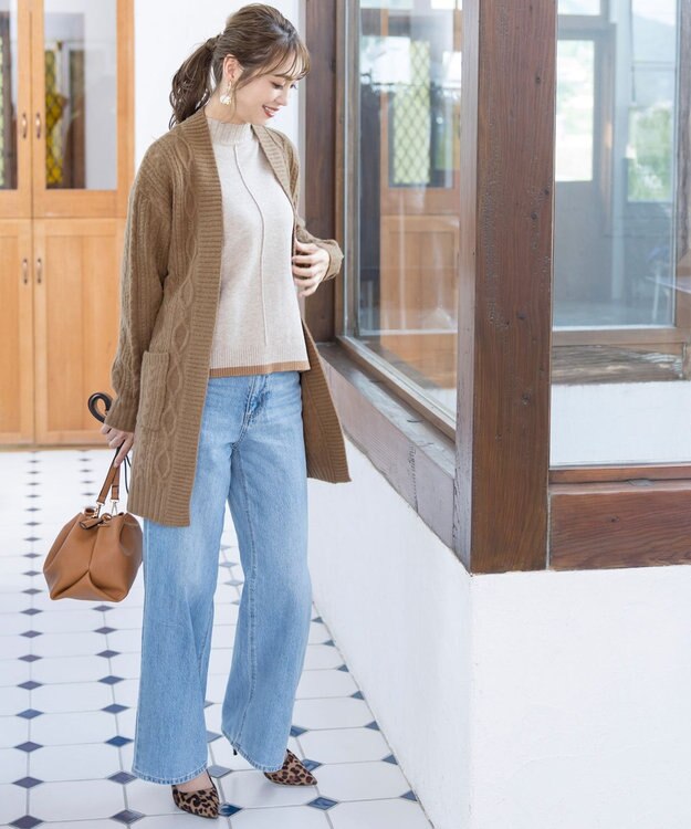 Tiaclasse L 【洗える】大人華やかなアラン柄ニットカーディガン キャメル