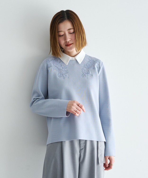YECCA VECCA 2way襟付きレースニット Grayish Blue