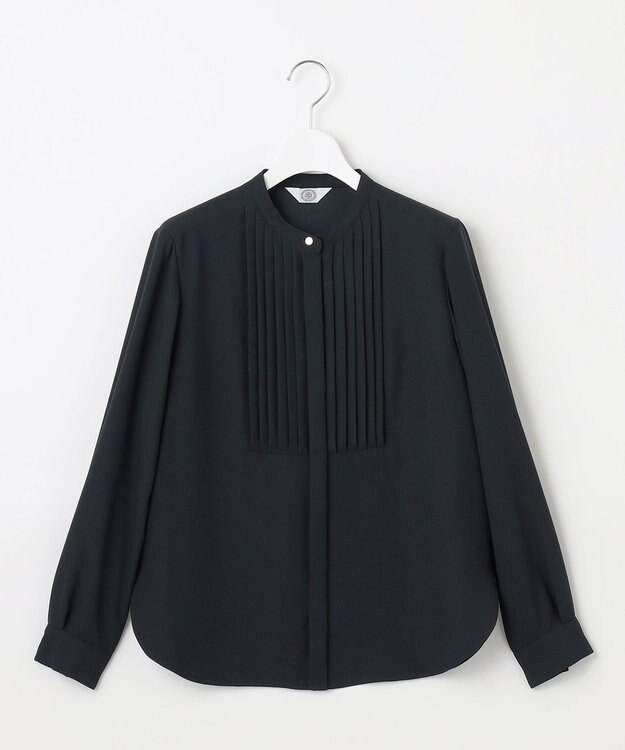 J.PRESS LADIES 【洗える】ヌーディスバックサテン バンドカラー ブラウス ネイビー系