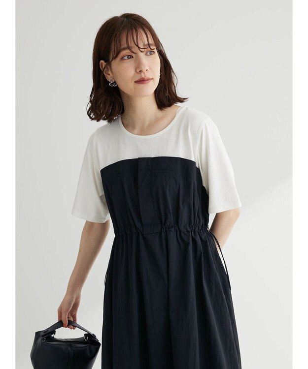 Green Parks 布帛ドッキングドロストワンピース Black