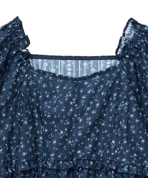 earth music&ecology フラワー刺繍フリルヘムブラウス Navy