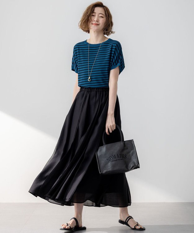 23区 L 【新色追加/洗える】レーヨンポリエステルストレッチ プルオーバー ニット ダークブルー×ブラック