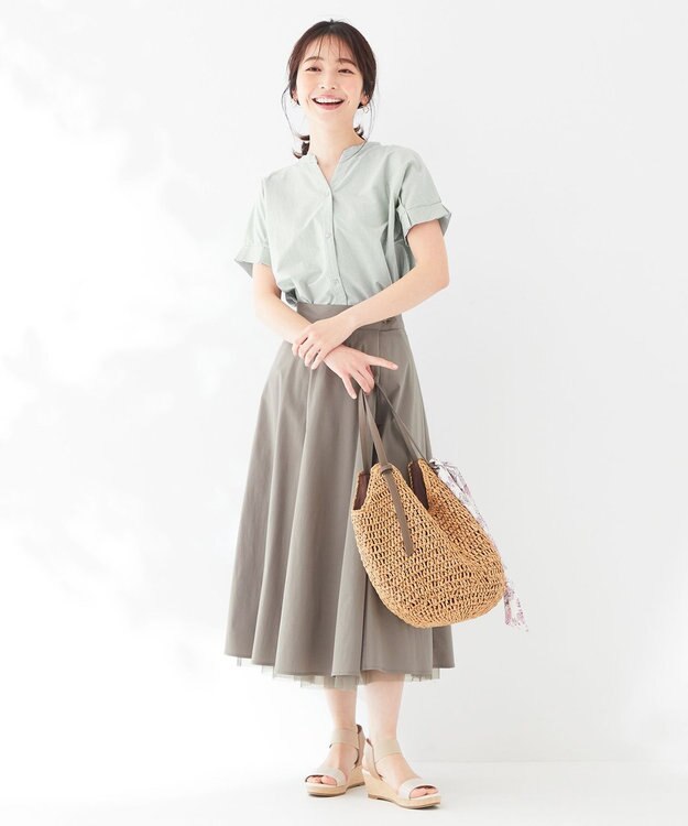 ANY SIS 【洗える】シルケットスキッパー ブラウス グリーンストライプ