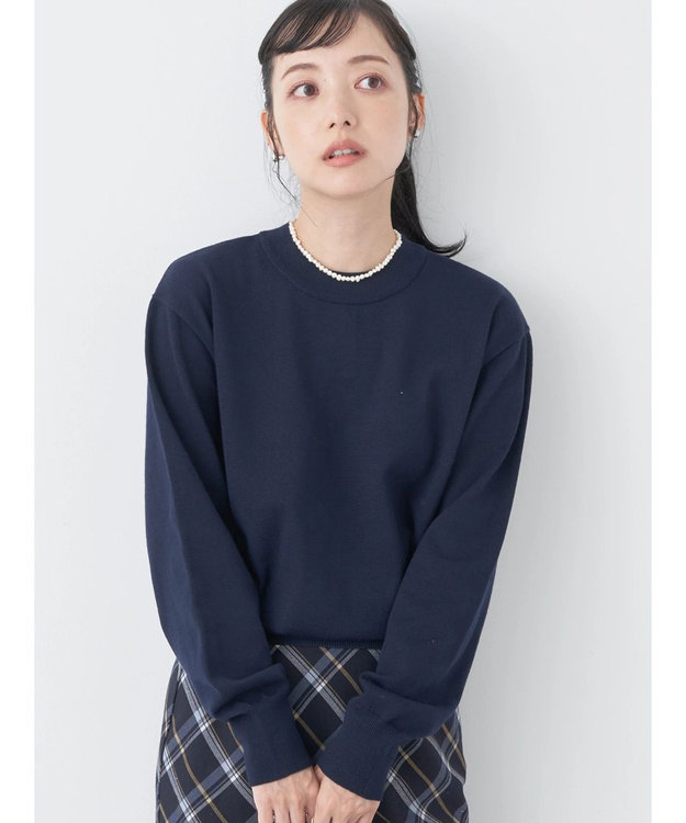earth music&ecology バックボタンクルーネックニットプルオーバー Navy