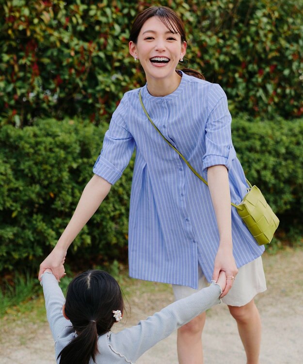 Tiaclasse 【新色追加・洗える】バンドカラーシャツチュニックブラウス サックスストライプ