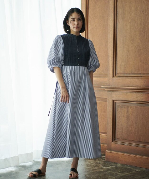 #Newans 【洗える】ピンタックベストコンビワンピース ネイビーストライプ系