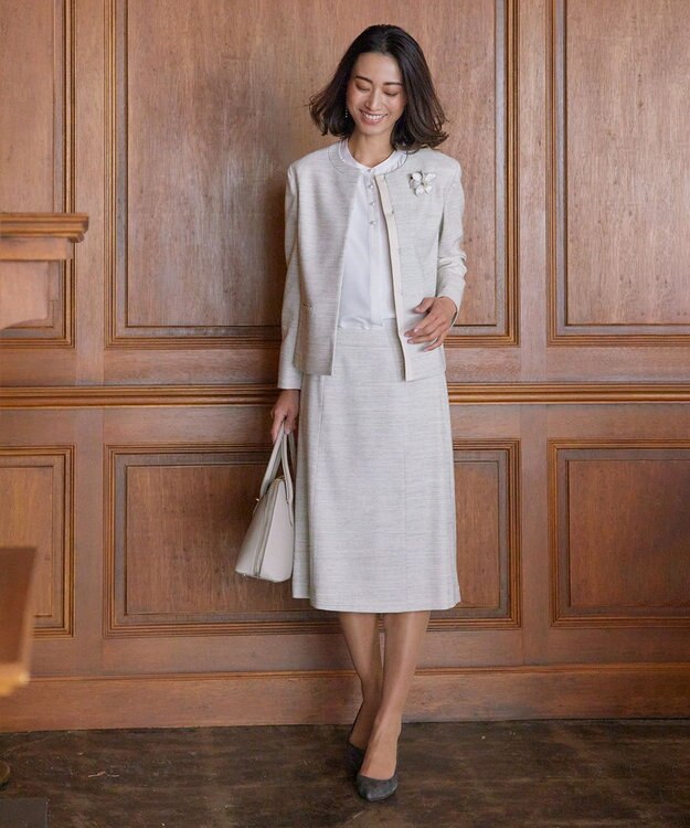 J.PRESS LADIES ライトツイードストレッチ ノーカラー ジャケット ベージュ系1