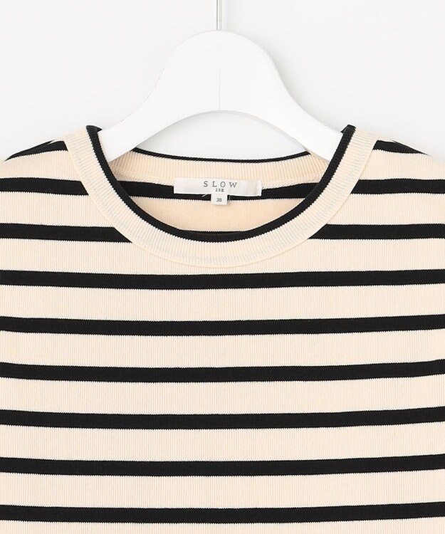 23区 S 【SLOW/洗える】ミドルフライスジャージー ノースリーブ カットソー オフ×ブラックボーダー