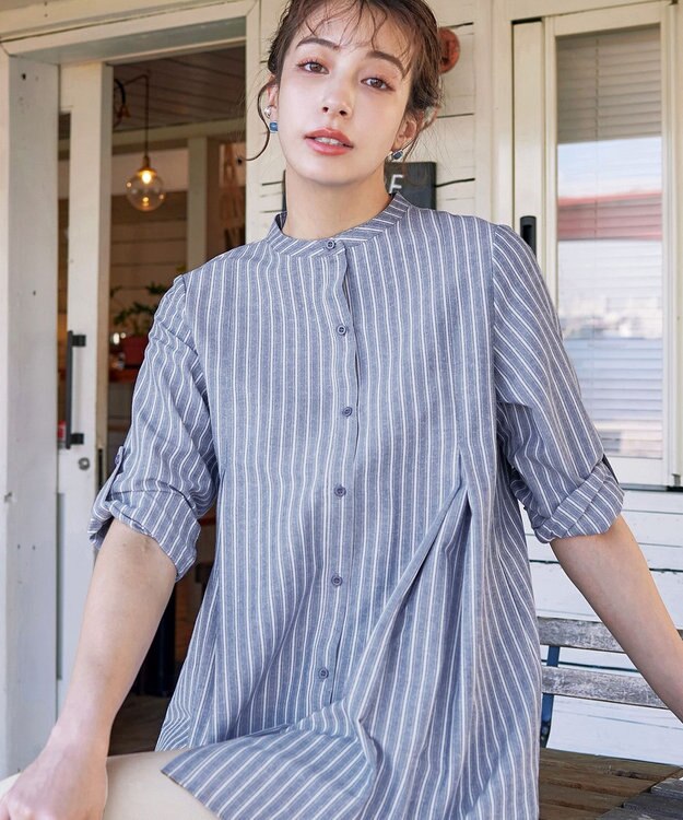 Tiaclasse 【新色追加・洗える】バンドカラーシャツチュニックブラウス ネイビーストライプ