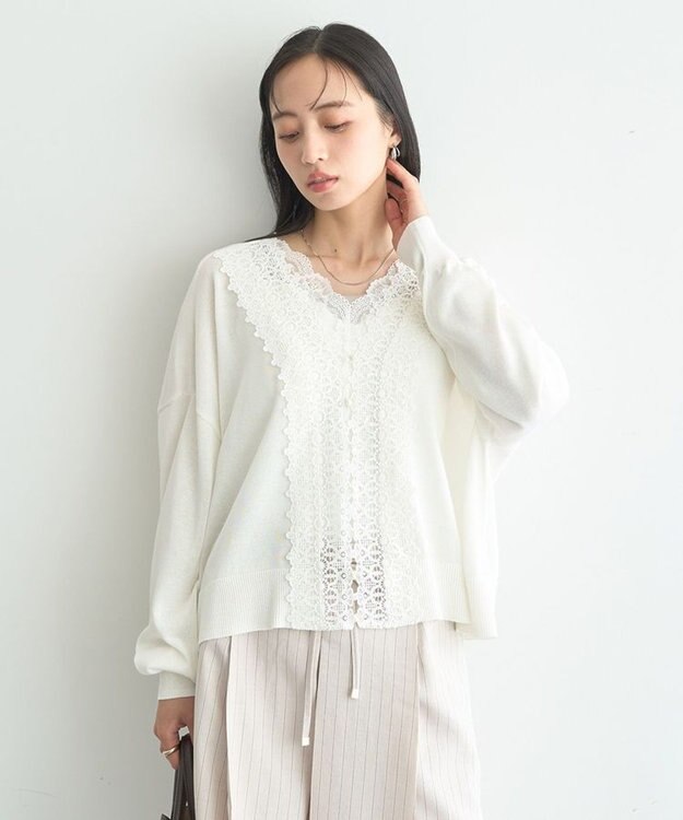 earth music&ecology 【2WAY】レーストリムシアーニットカーディガン Ivory