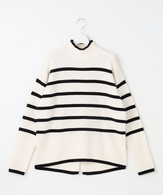 自由区 L 【WEB限定カラーあり・洗える】ウールカシミヤブレンドハイネック ニット オフ×ブラックボーダー