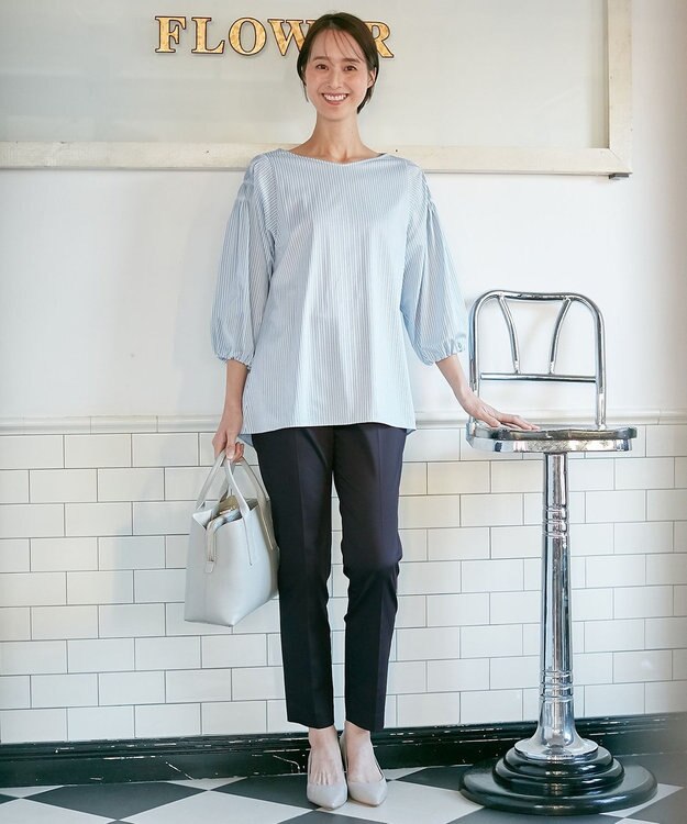 自由区 【XSサイズ～/洗える】ストレッチシャーティング ブラウス スカイブルー系1