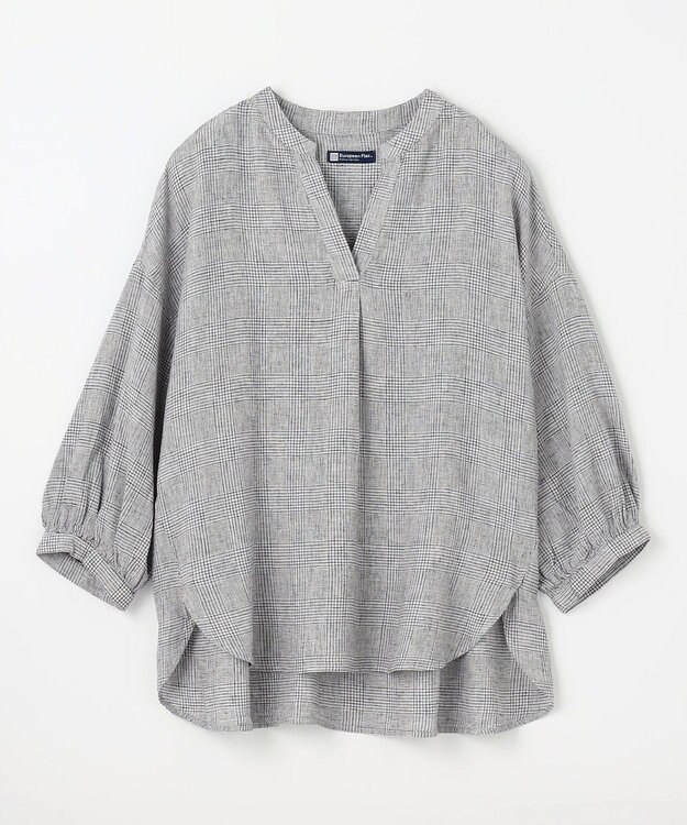 ANY L 【手洗い可能】ヨーロピアンリネンスキッパーネックブラウス チェック