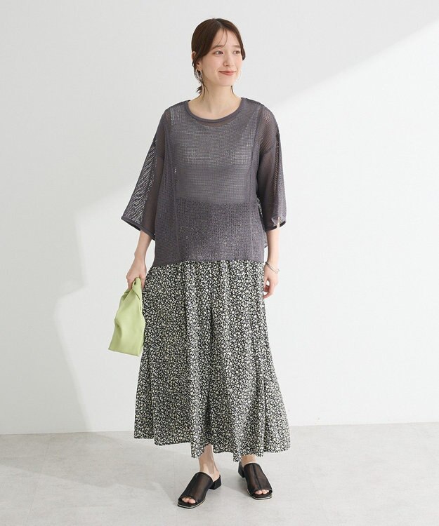 Green Parks 七分袖コットンメッシュラグラントップス Orange