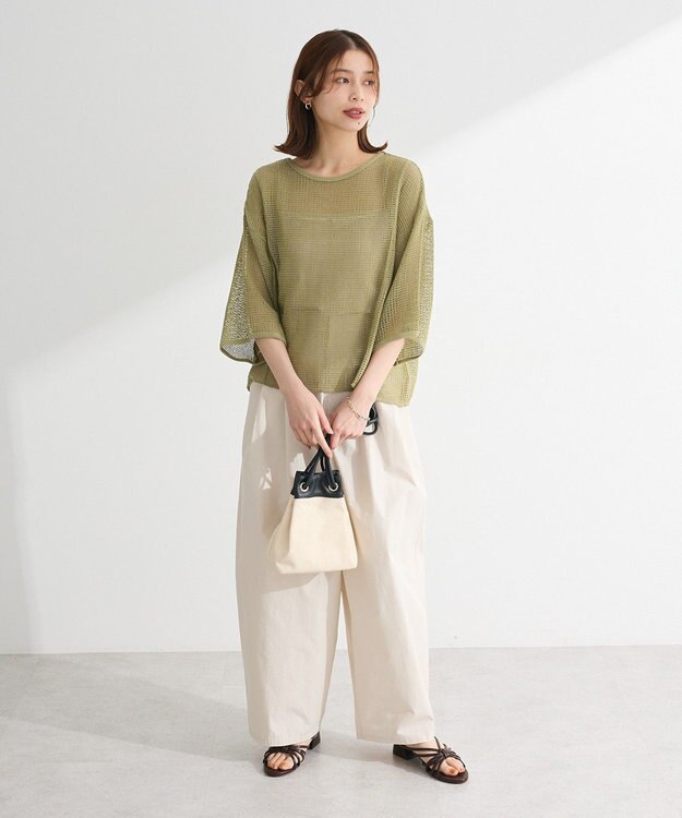 Green Parks 七分袖コットンメッシュラグラントップス Orange