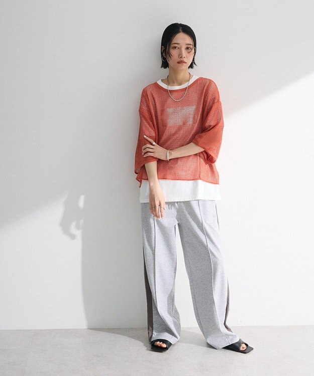 Green Parks 七分袖コットンメッシュラグラントップス Orange