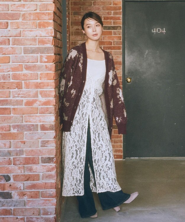 earth music&ecology フラワージャガードラメシャギーカーディガン Bordeaux