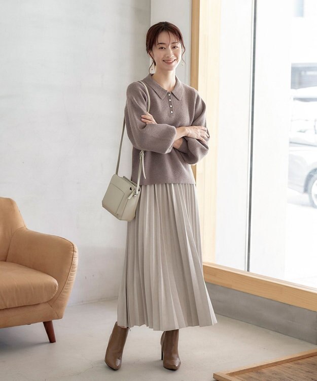 Tiaclasse 【洗える】衿付きパフ袖ニット モカ