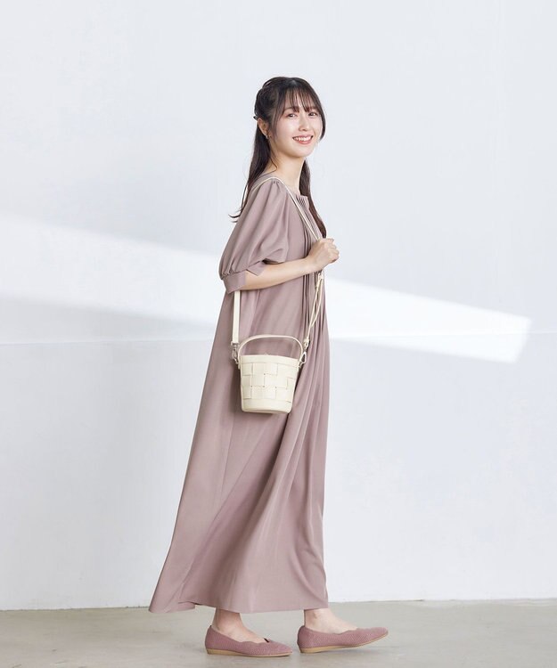 Tiaclasse L 【洗える】ボリュームパフスリーブピンタックワンピース グレージュ