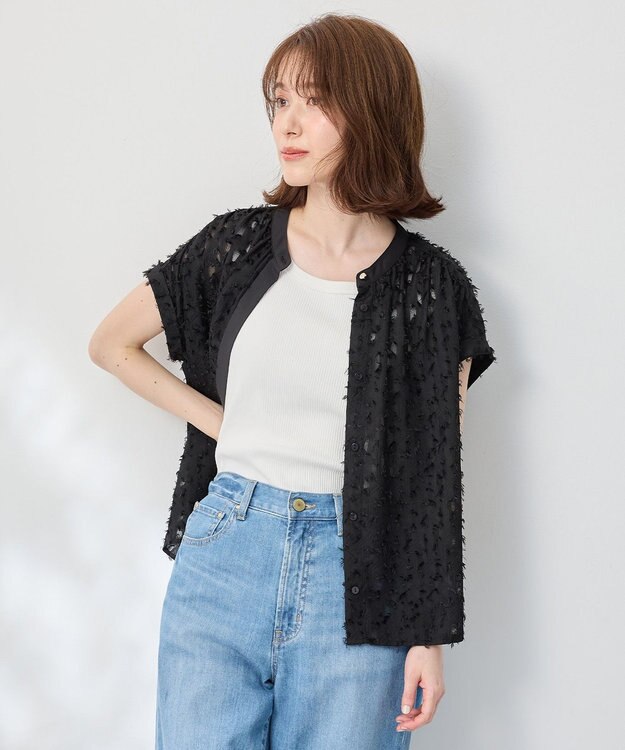 ANY 【洗濯機可】フェザーカットジャガードブラウス ブラック